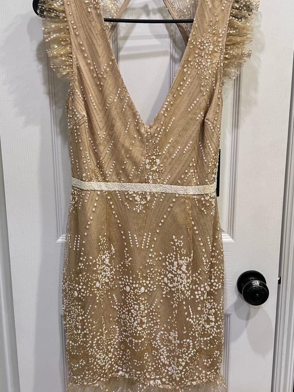 Spread My Shine Beige Glitter Ruffled Backless Mini Dress - Picture 3 of 7